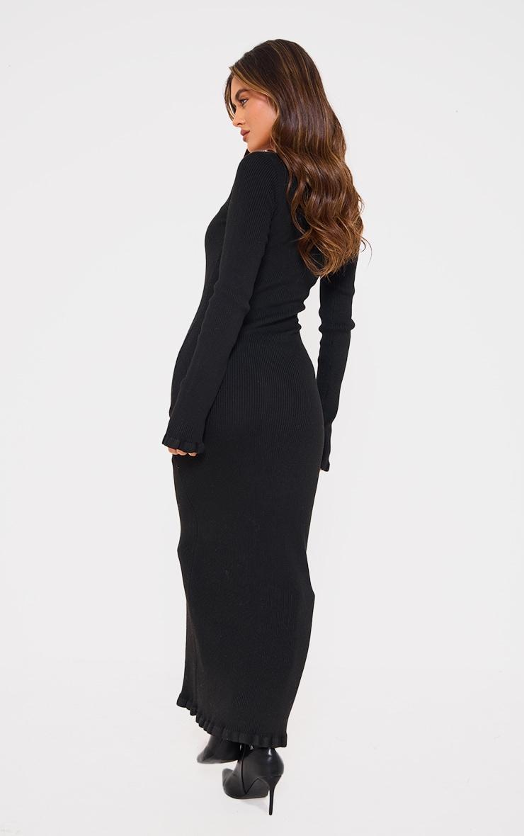 Black Rib Knit Piquet Hem Maxi Dress Product Image