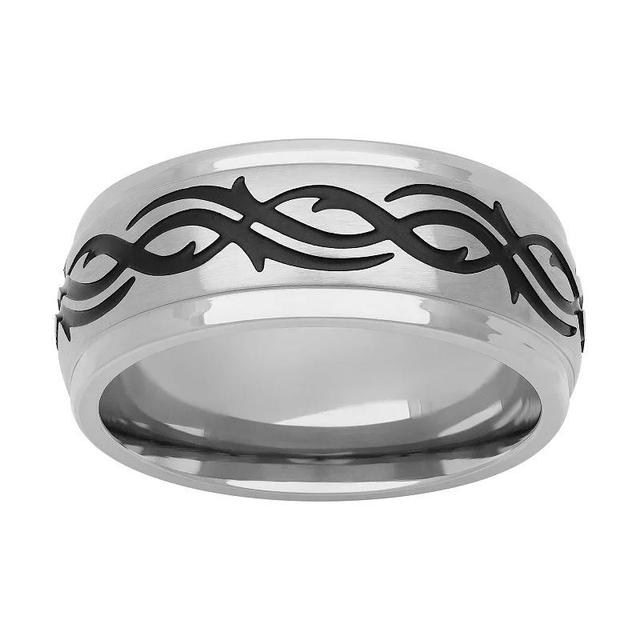 Mens Stainless Steel & Black Tribal Design Band Ring Product Image