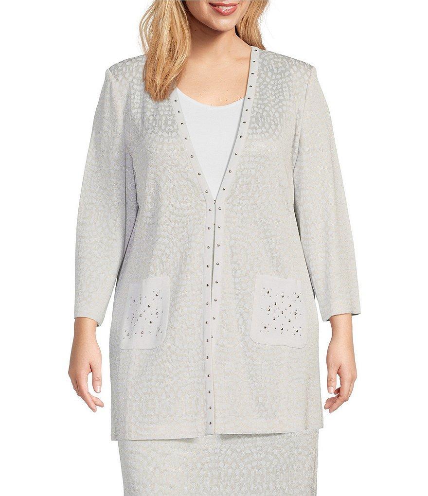 Ming Wang Plus Size Textured Knit Studded Trim Open Front 3/4 Sleeve Coordinating Jacket Product Image