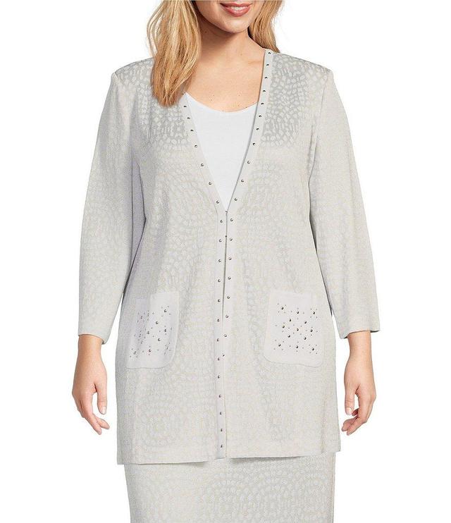 Ming Wang Plus Size Textured Knit Studded Trim Open Front 3/4 Sleeve Coordinating Jacket Product Image