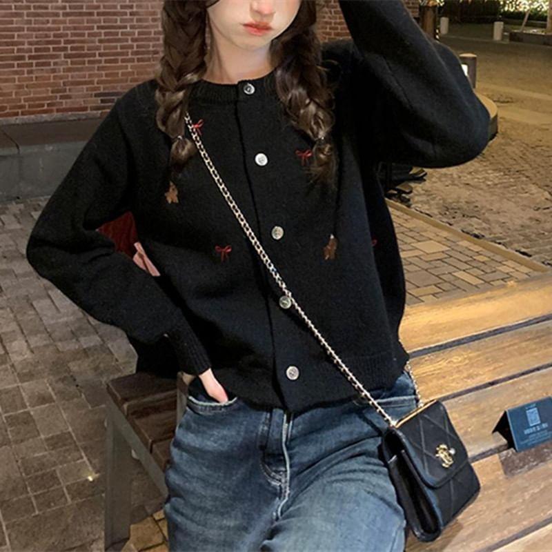 Crew Neck Bow Embroidered Button Cardigan Product Image