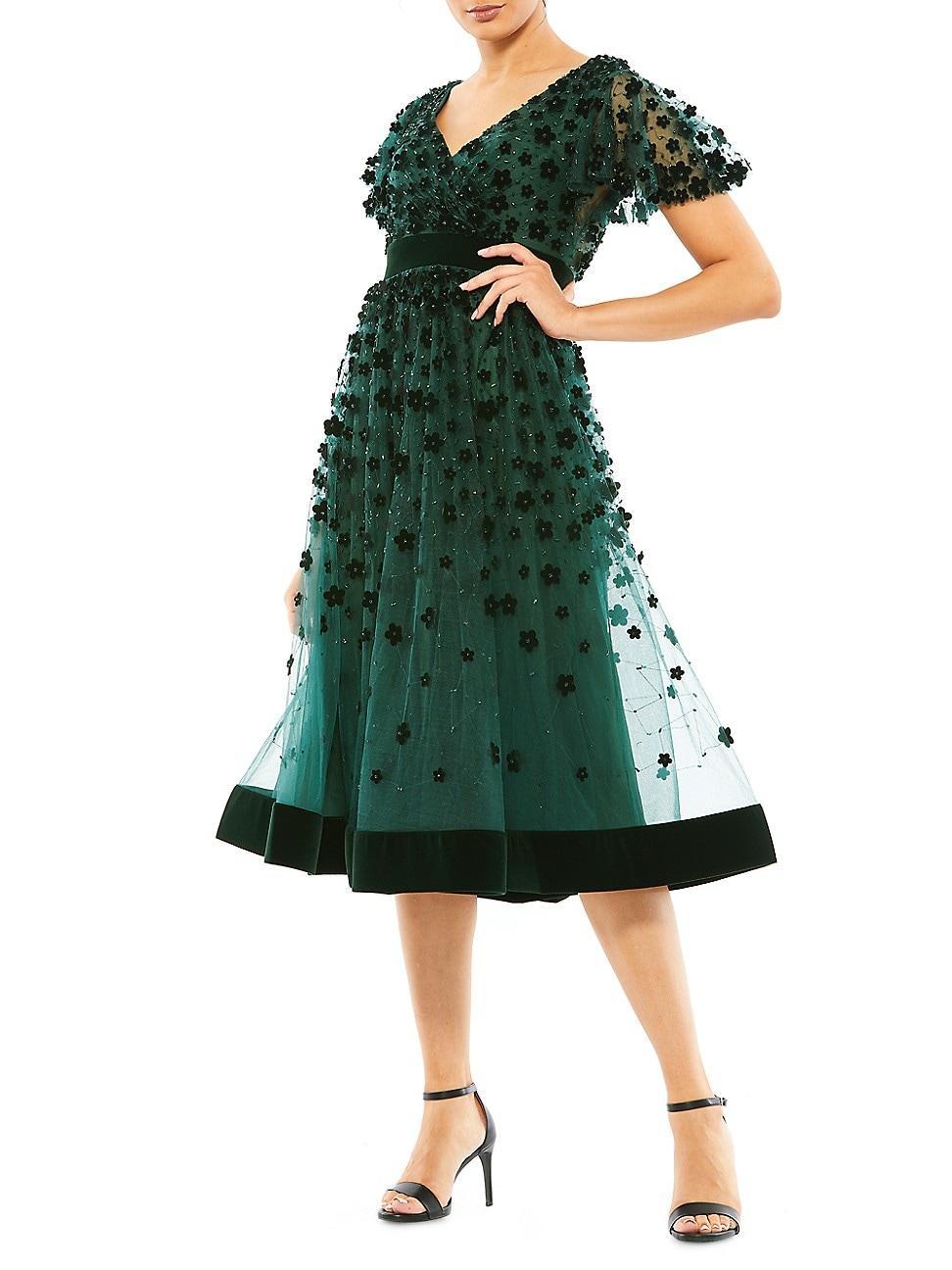 Womens Velvet Flower-Embellished Midi-Dress Product Image