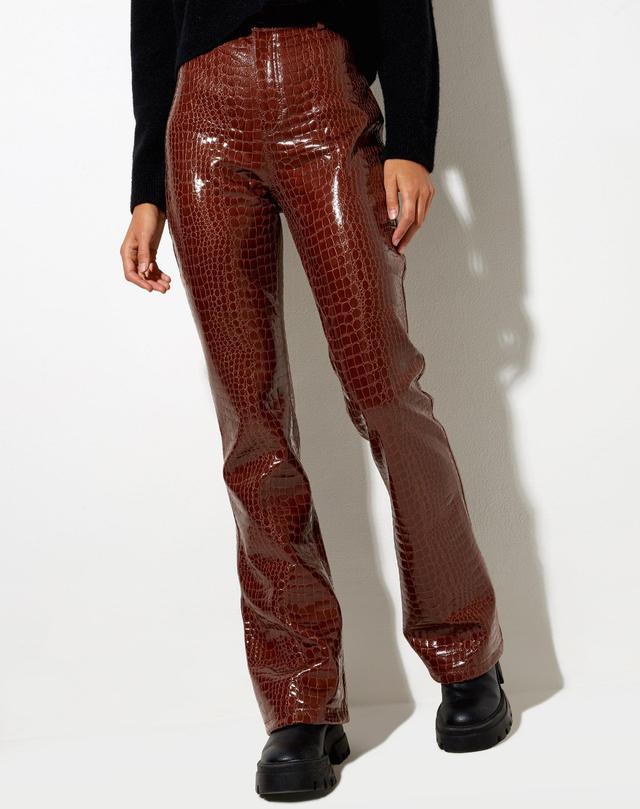 Zoven Flare Trouser in Croc PU Brown Product Image