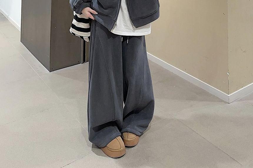 Plain Zip-Up Hoodie / Drawstring Waist Wide Leg Sweatpants Product Image