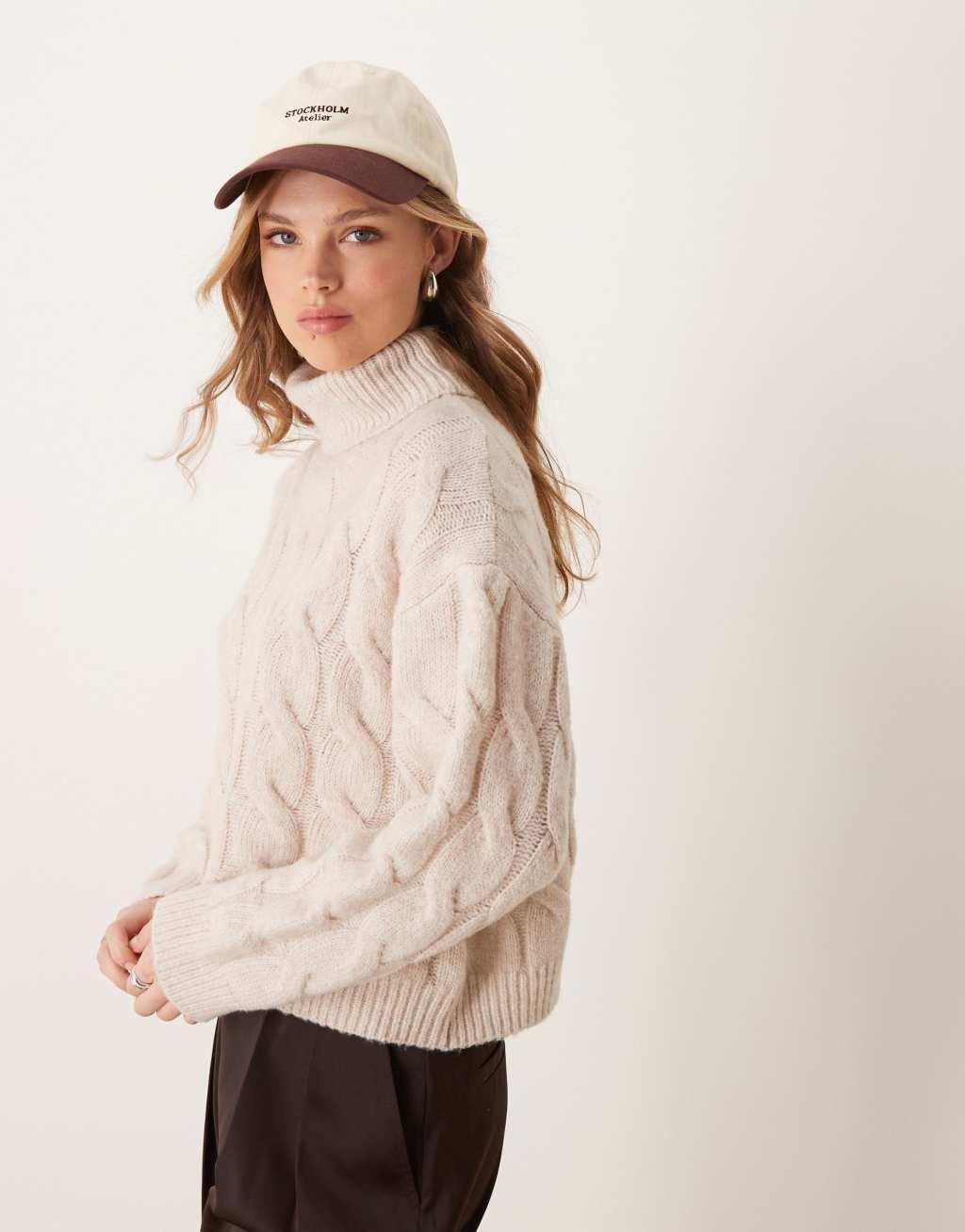 Miss Selfridge cable high neck cozy knit sweater in oatmeal Product Image