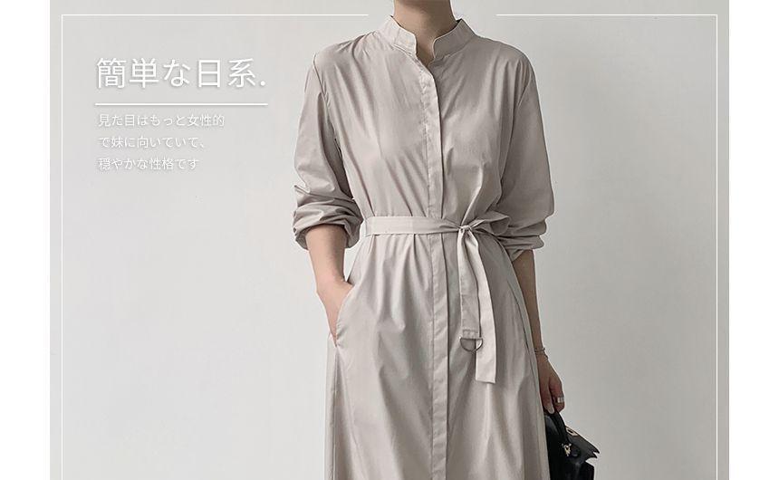 Long-Sleeve Plain Satin Midi Shirt Dress Product Image