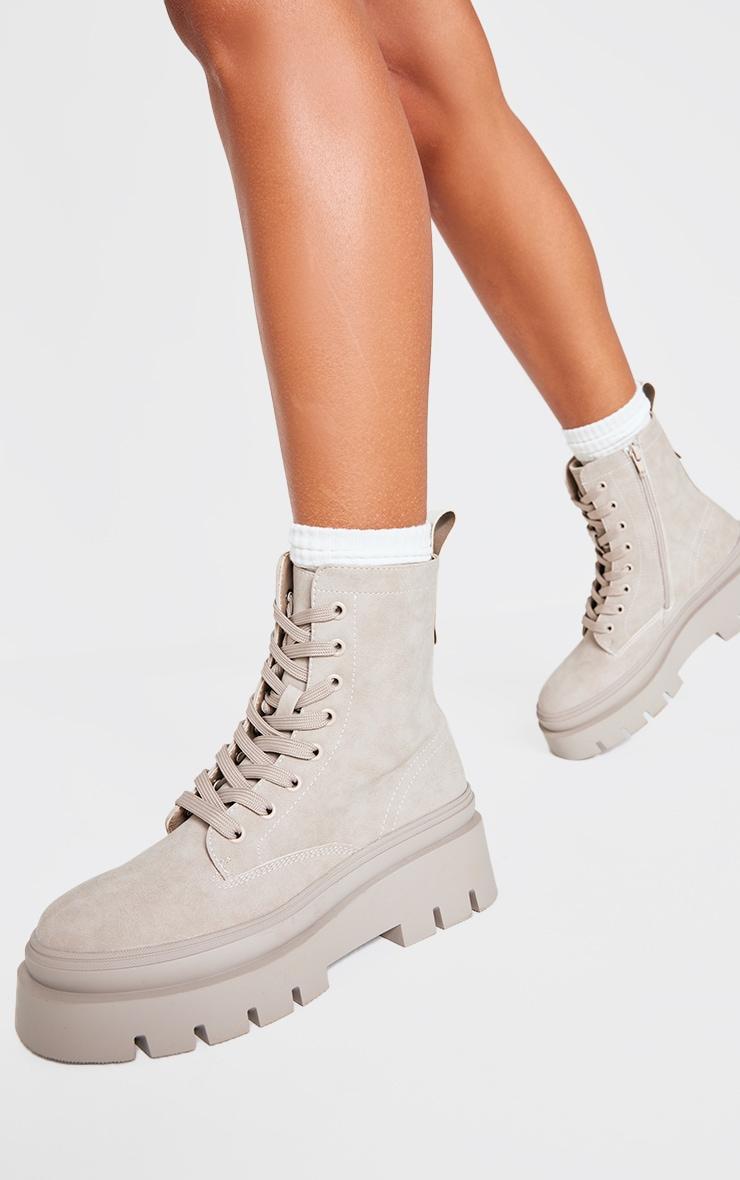 Beige Round Toe Chunky Sole Biker Boots product image