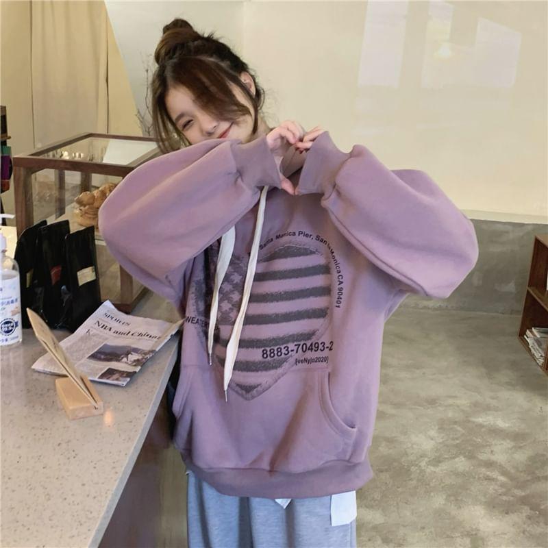 Heart Print Drawstring Fleece-Lined Hoodie Product Image