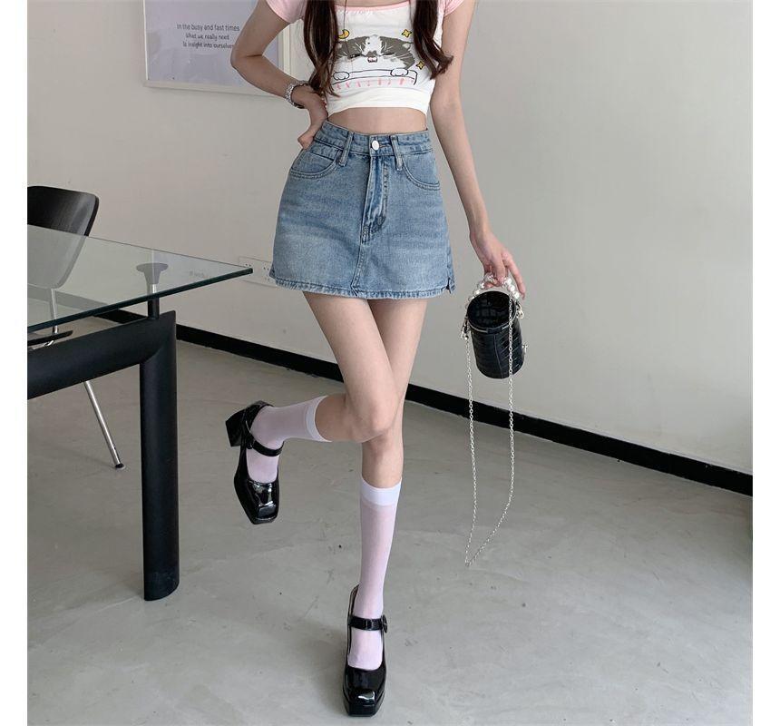 High Waist Slit Washed Denim Skort Product Image