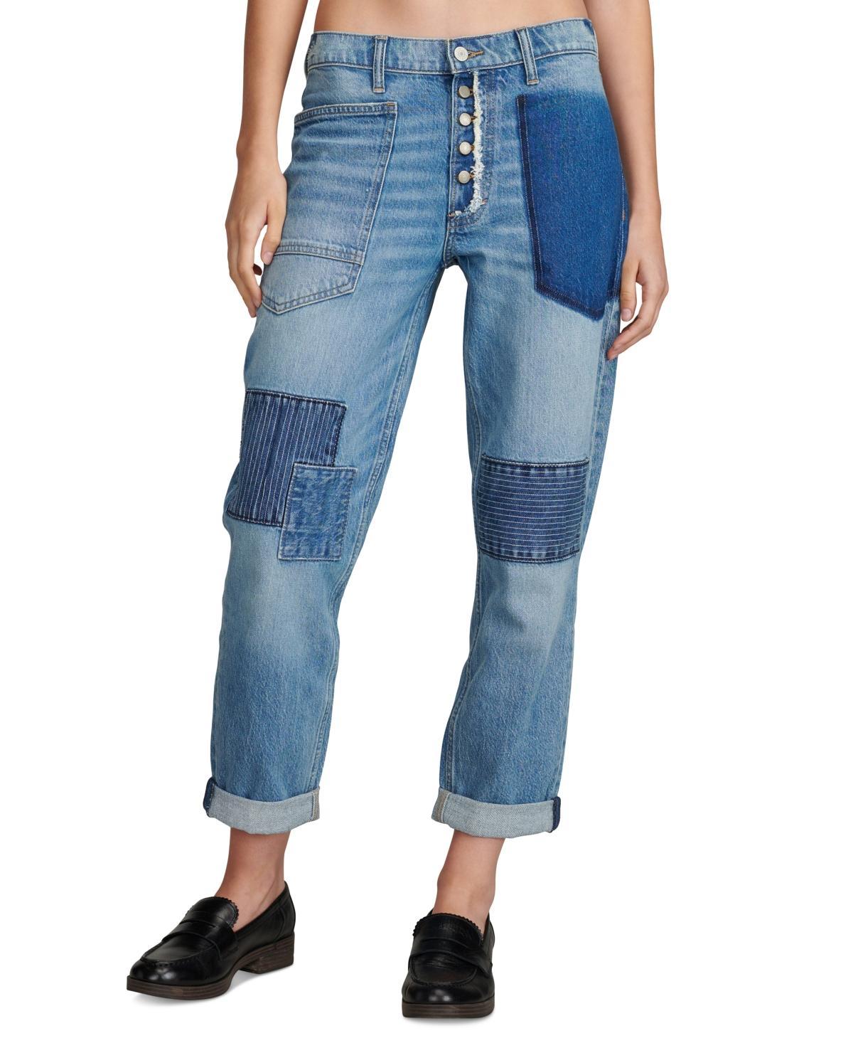 Lucky Brand Womens Button-Fly Patched Mid-Rise Boy Jeans product image