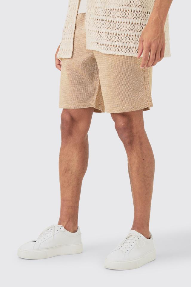 Mens Cream Elastic Waist Textured Check Comfort Short, Cream Product Image