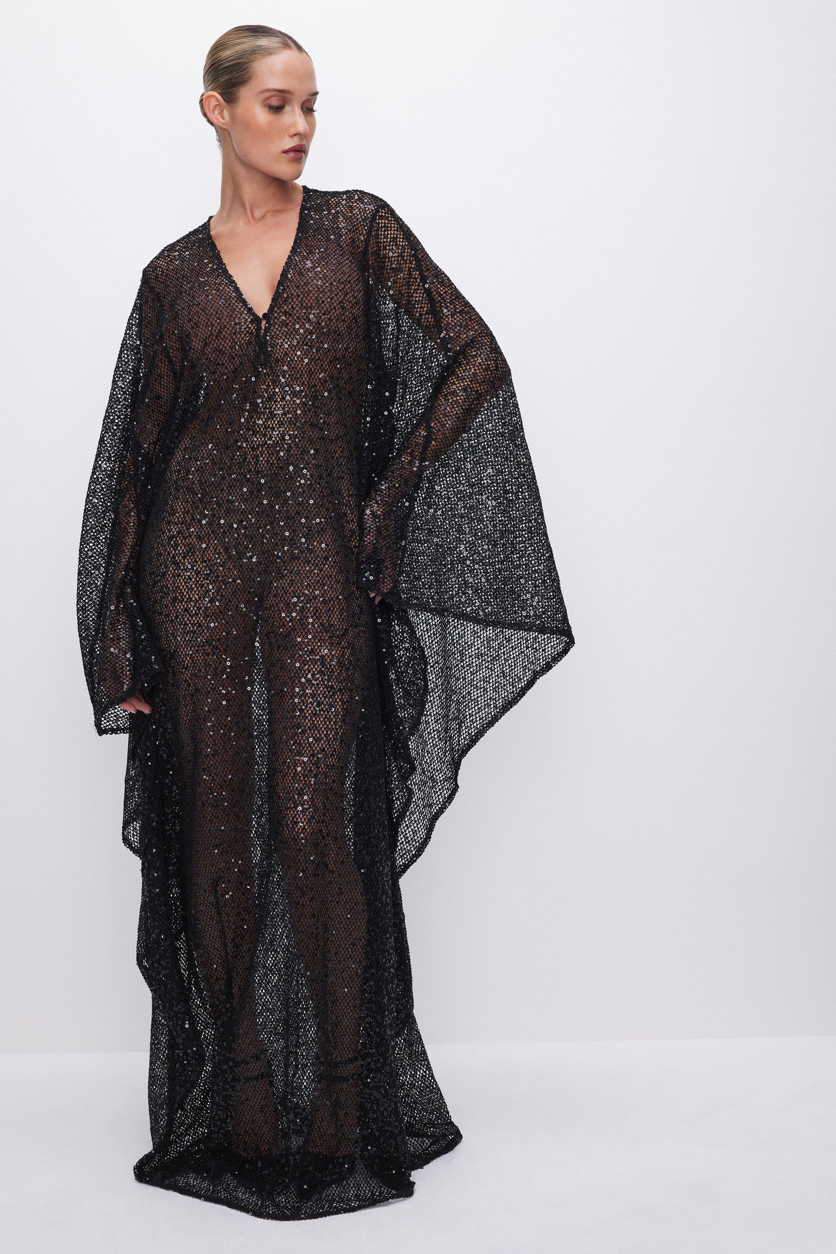 SEQUIN CROCHET CAFTAN | BLACK001 Product Image