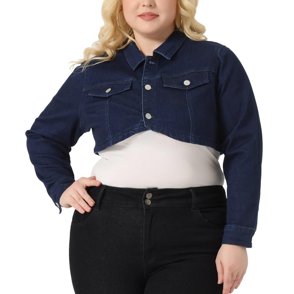 Agnes Orinda Women's Plus Size Classic Denim Long Sleeve Washed Jean Cropped Jacket Black Blue 3X Product Image