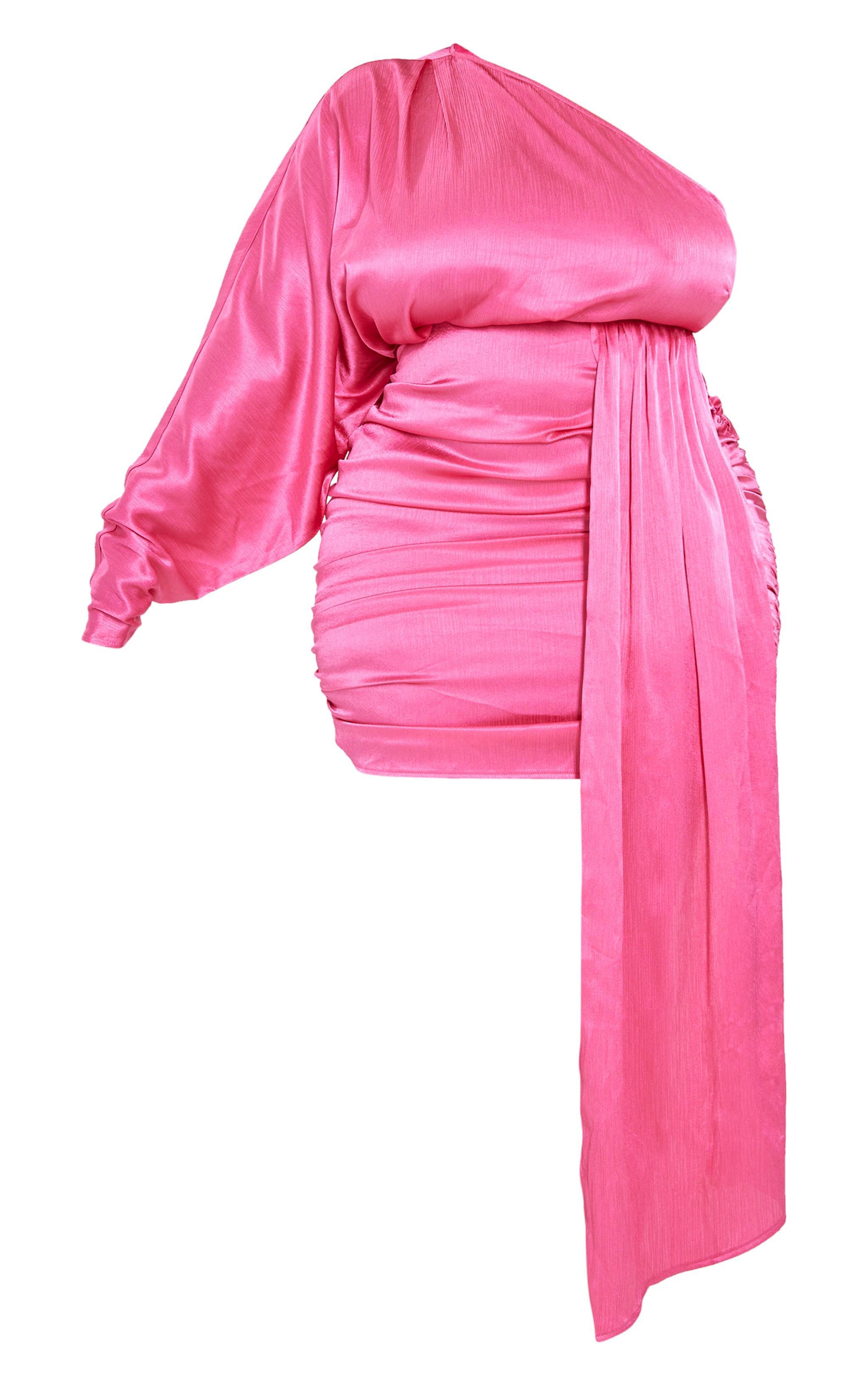 Plus Fuchsia One Shoulder Drape Detail Mini Dress Product Image