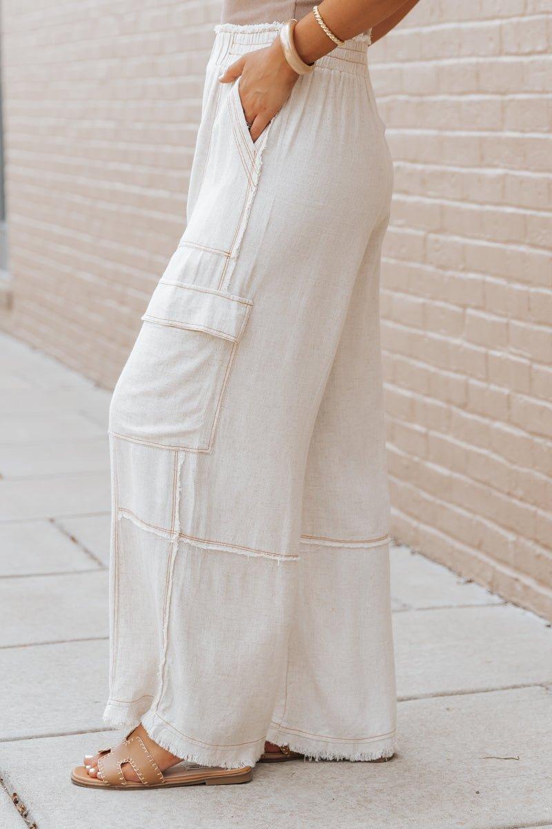 Oatmeal Cargo Linen Wide Leg Pants - FINAL SALE Product Image