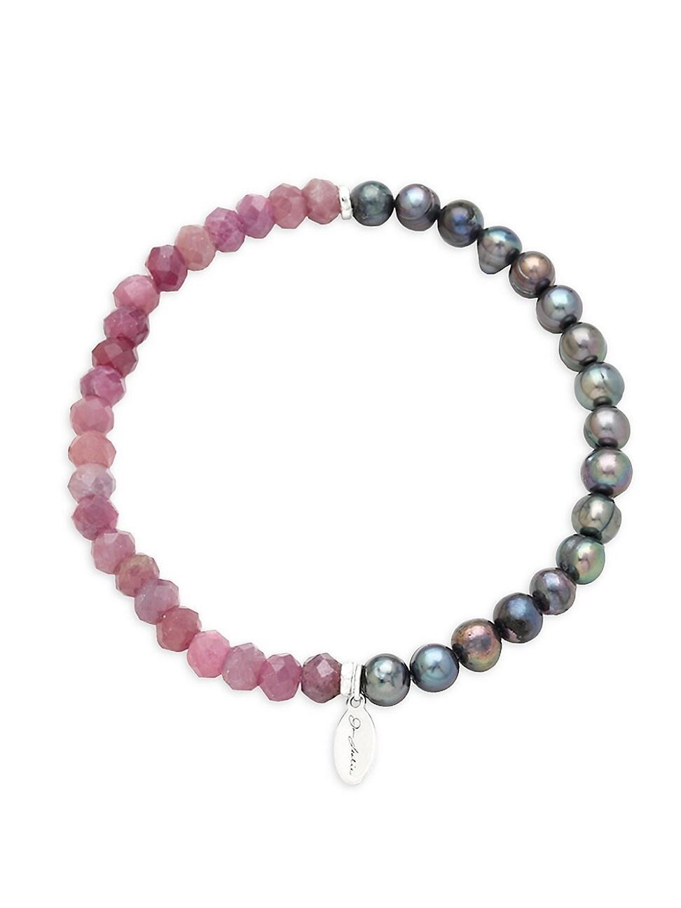 Mens Grey Freshwater Pearl and Gemstone Split Beaded Bracelet Product Image