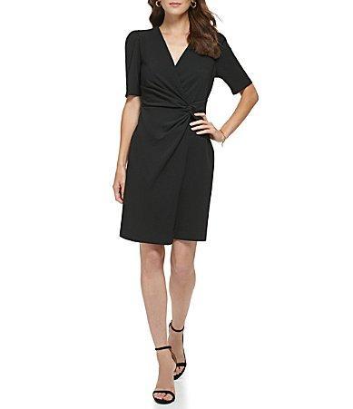 DKNY Surplice V-Neck Short Puffed Sleeve Twisted Waist Stretch Faux Wrap Dress Product Image