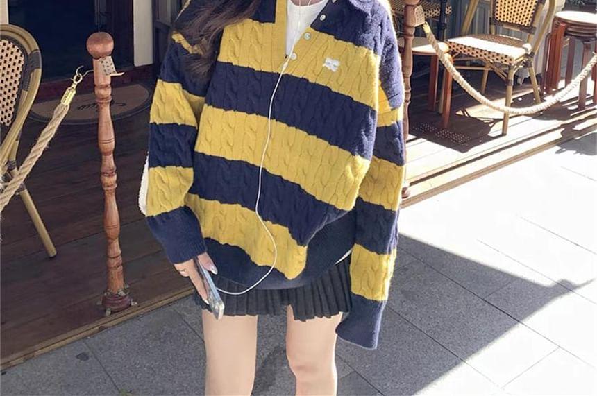 V-Neck Collared Striped Cable Knit Sweater Product Image