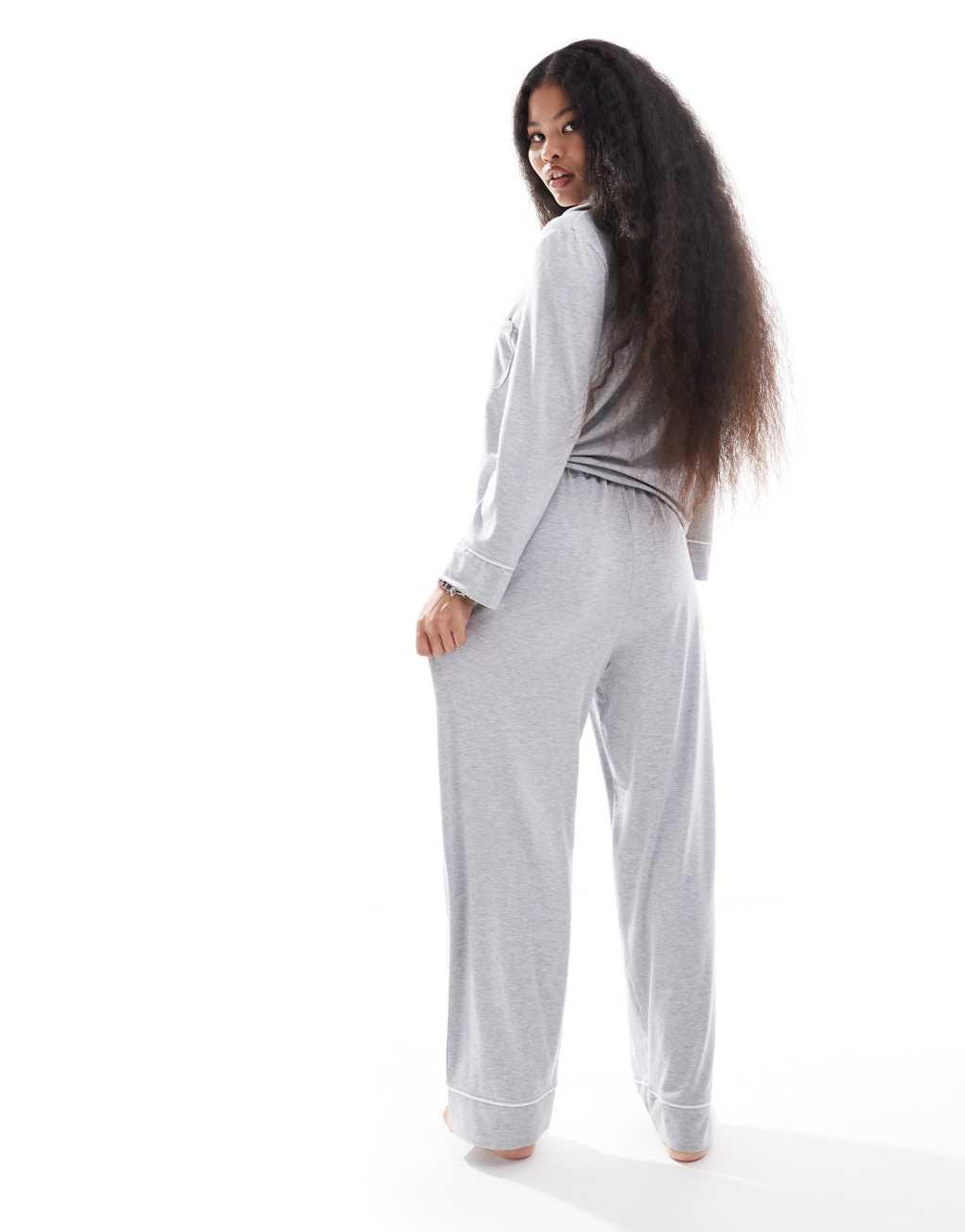 ASOS DESIGN Petite super soft long sleeve shirt & pants pajama set with contrast piping in gray heather Product Image