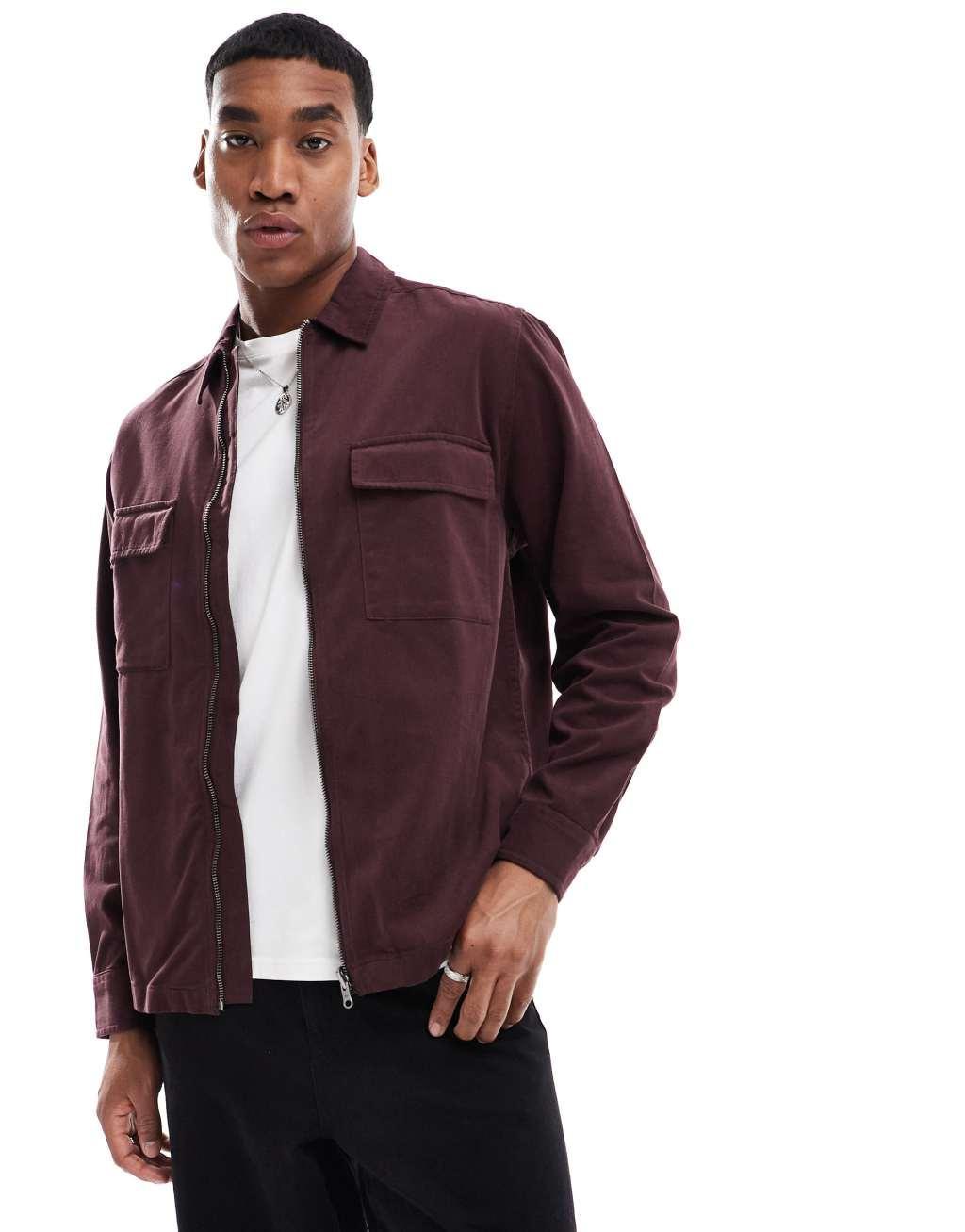 ASOS DESIGN overshirt with front zip in burgundy Product Image