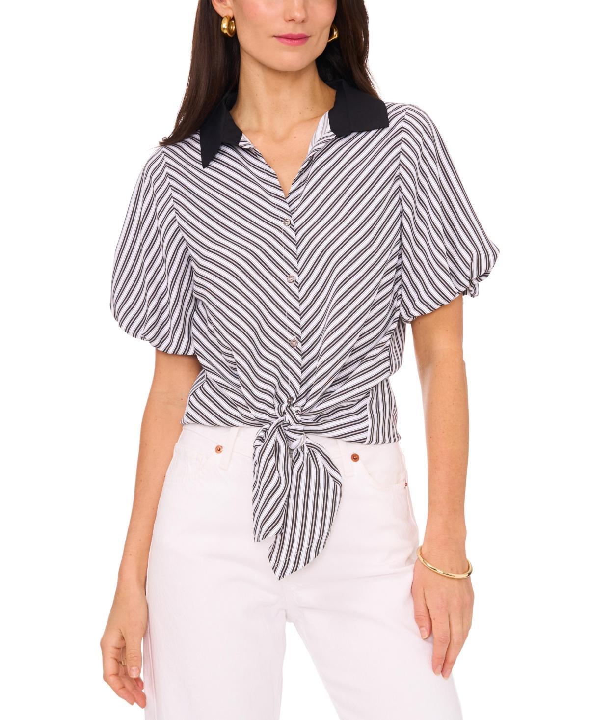 Women's Chevron-Stripe Puff-Sleeve Tie-Front Top Product Image