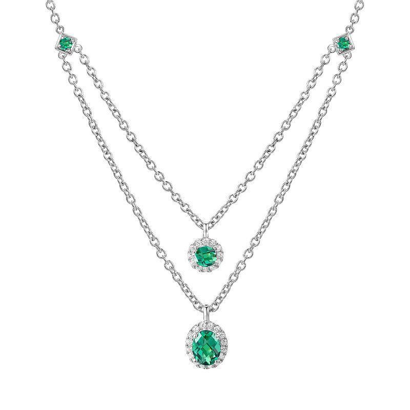 Sterling Silver Lab-Created Emerald & White Sapphire Double Layer Necklace, Womens Green Product Image