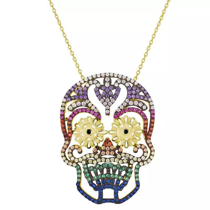 Sunkissed Sterling 14k Gold Over Silver Cubic Zirconia Sugar Skull Necklace, Womens Gold Tone Rainbow Product Image