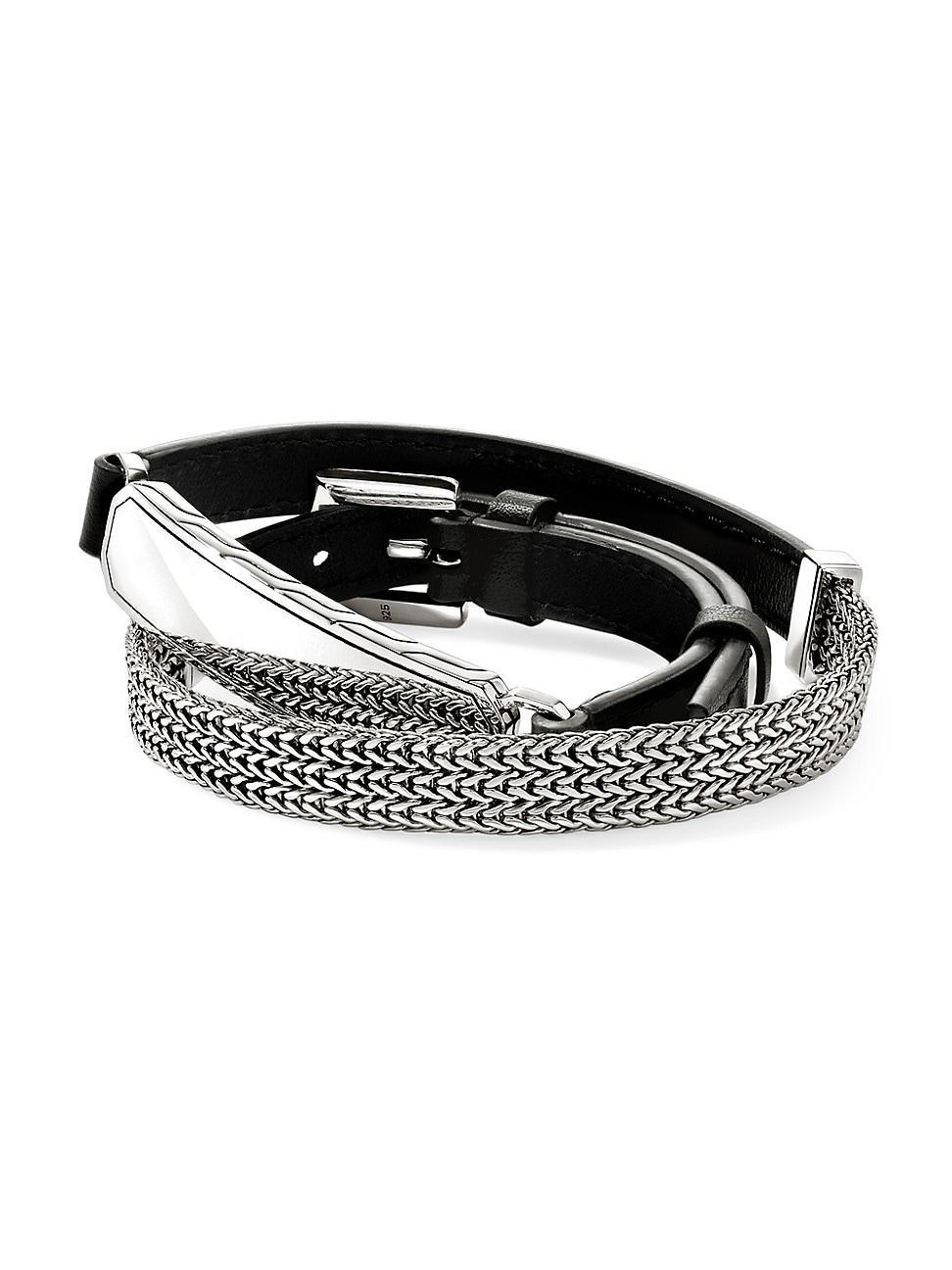 Mens ID Sterling Silver & Leather Wrap Bracelet Product Image