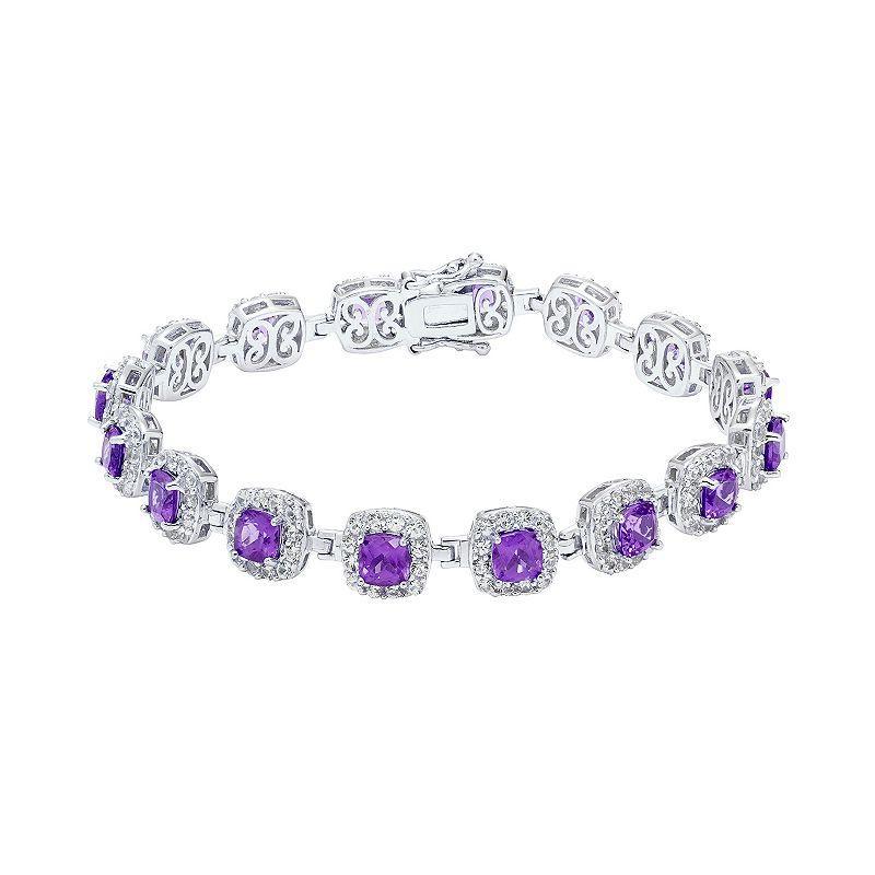 Sterling Silver Amethyst & Lab-Created White Sapphire Halo Bracelet, Womens Product Image