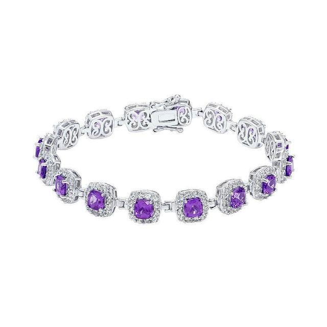 Sterling Silver Amethyst & Lab-Created White Sapphire Halo Bracelet, Womens Product Image