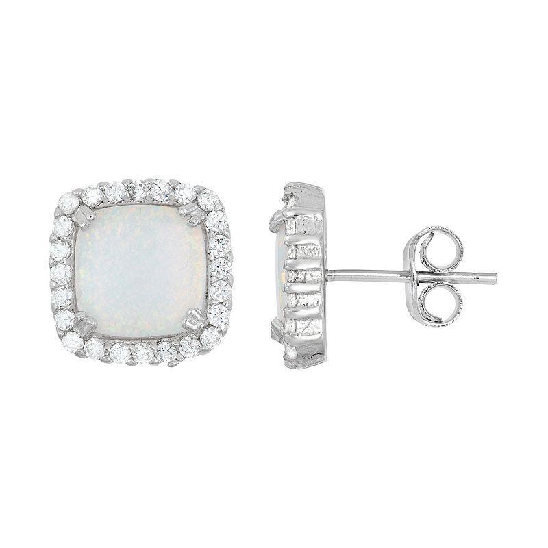 Lab-Created Opal & Cubic Zirconia Sterling Silver Square Halo Stud Earrings, Womens, White Product Image