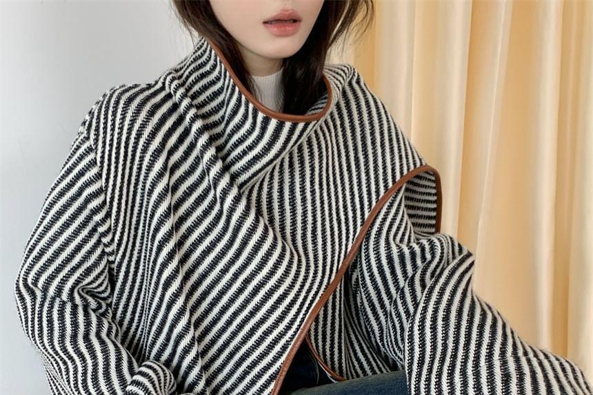 Faux Leather Panel Striped Wrap Coat Product Image