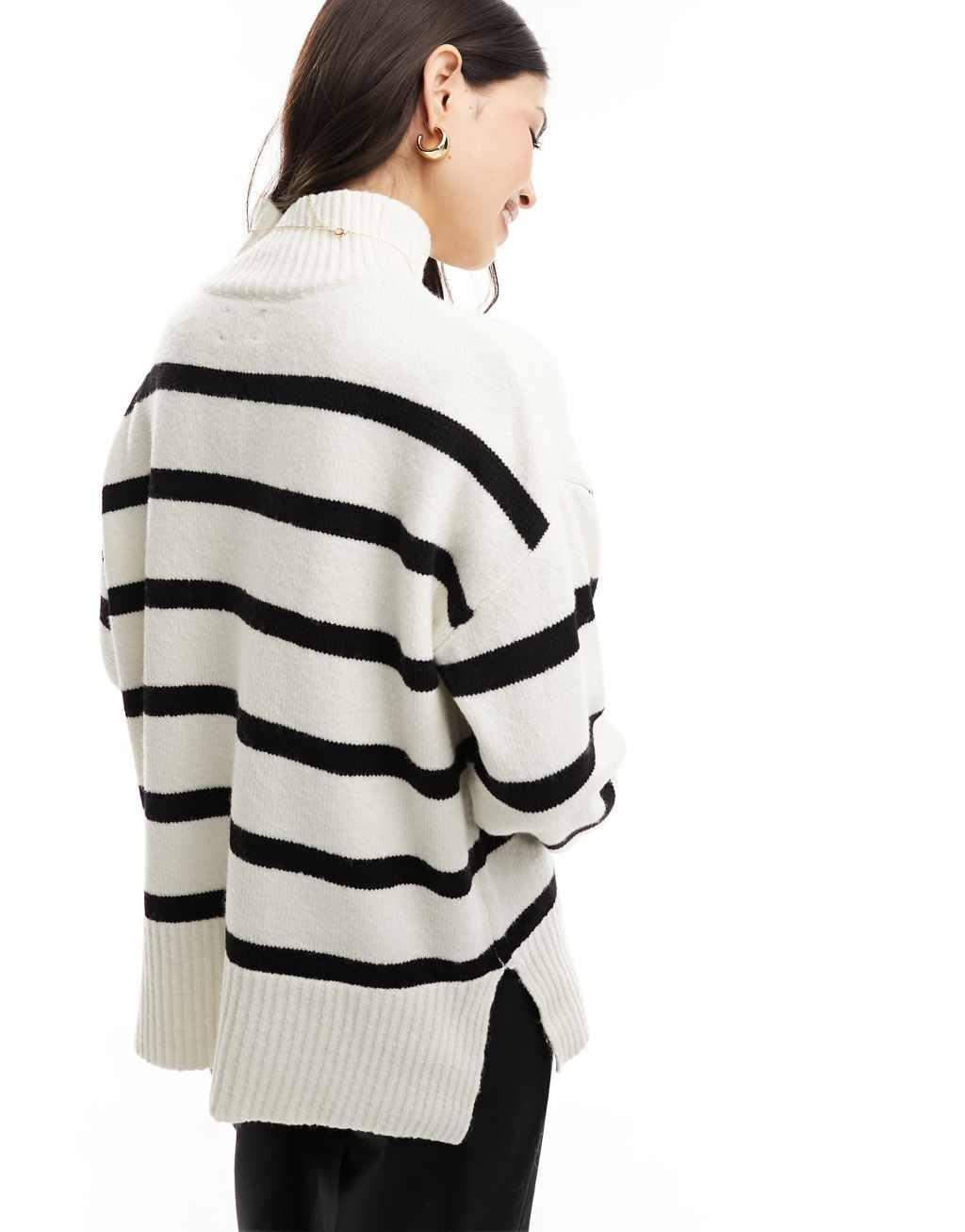 ASOS DESIGN longline sweater with high neck in cream and black stripe Product Image