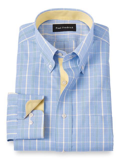 Non-Iron Cotton Glen Plaid Dress Shirt With Contrast Trim - Blue Product Image