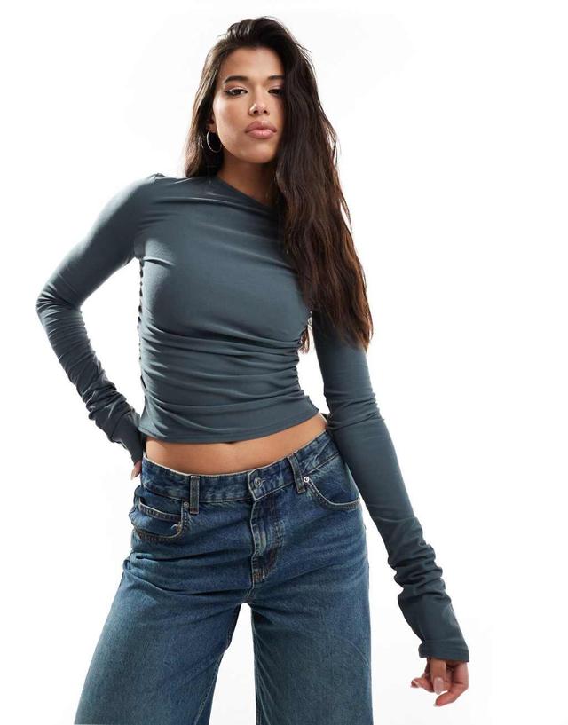 Fashionkilla super-soft off shoulder ruched long sleeve top in charcoal Product Image