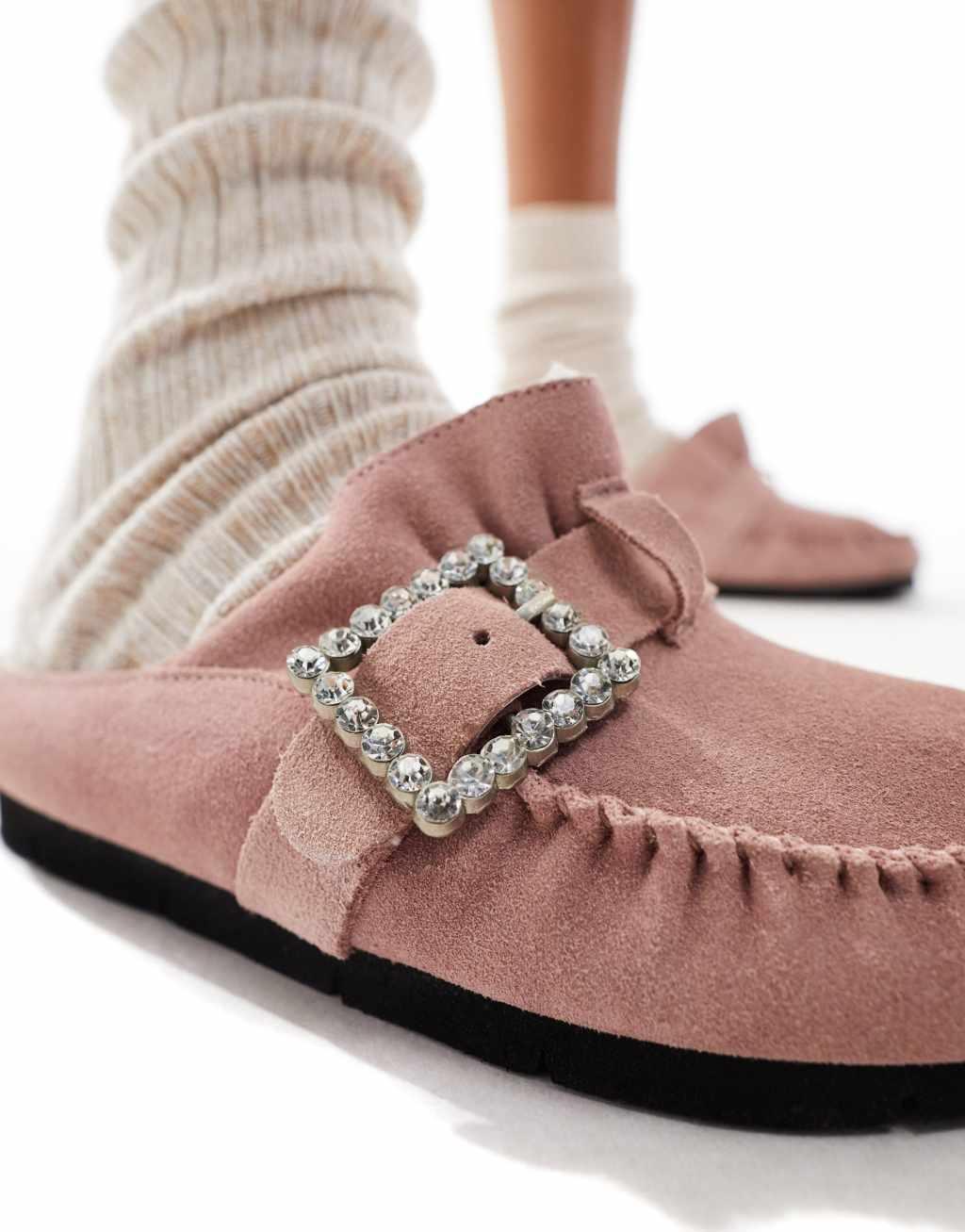 Free People diamante buckle slip on buckle mules in frosted pink Product Image