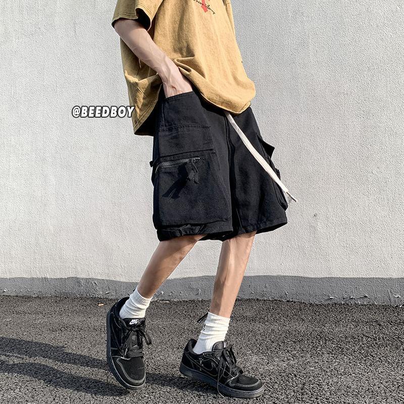 Drawstring Waist Plain Cargo Shorts Product Image