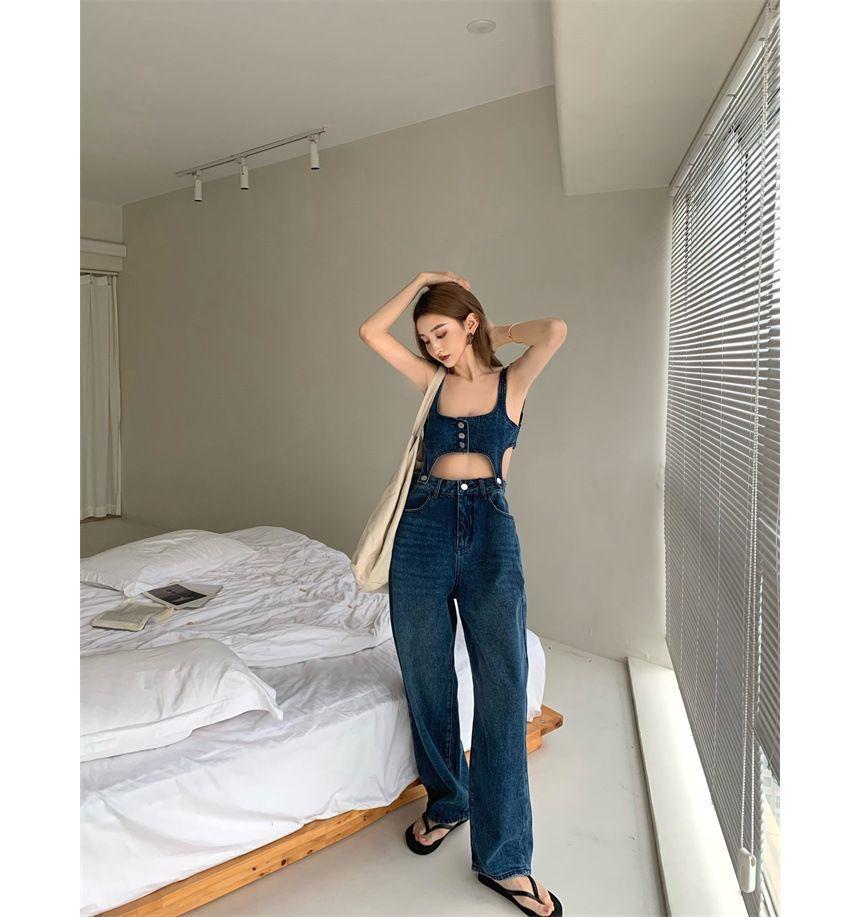 Denim Crop Button-Up Camisole Top / High Waist Washed Loose-Fit Jeans Product Image