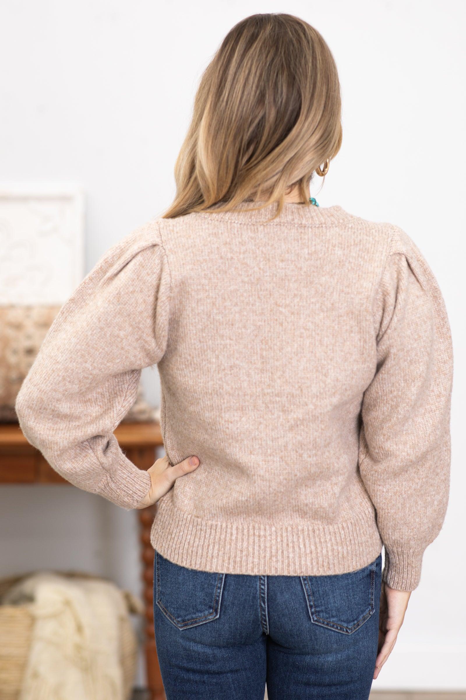 Tan Melange Puff Sleeve Sweater Product Image