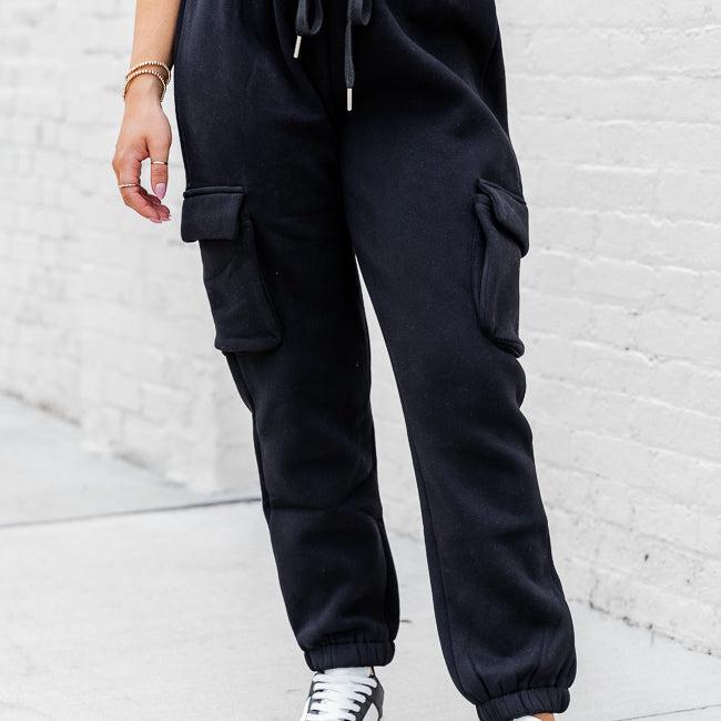 On The Go Black Fleece Cargo Jogger FINAL SALE Product Image