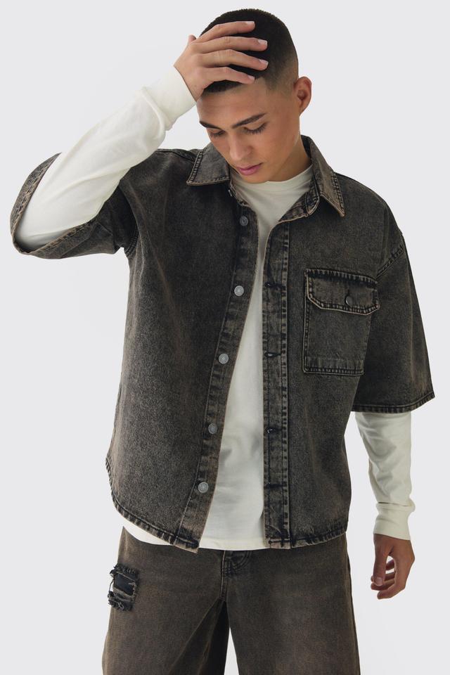 Oversized Boxy 3/4 Sleeve Denim Overshirt | boohooMAN USA Product Image