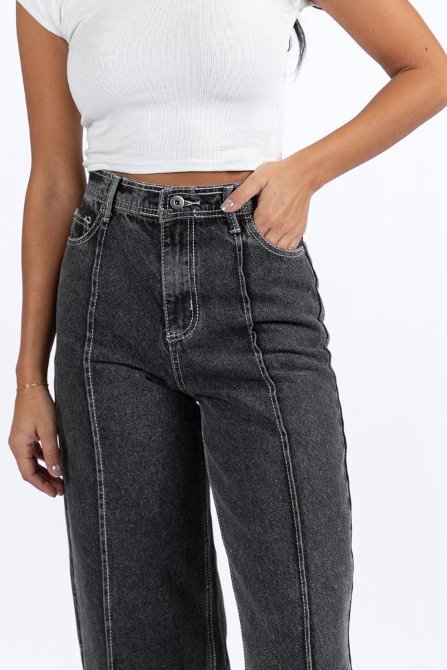 Estelle Black Acid Wash Wide Leg Front Seam Denim Pants Product Image