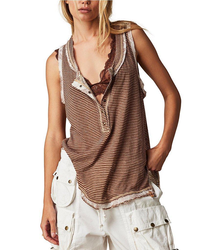 Free People We The Free Love Language Stripe Print Henley Neck Sleeveless Tank Top Product Image