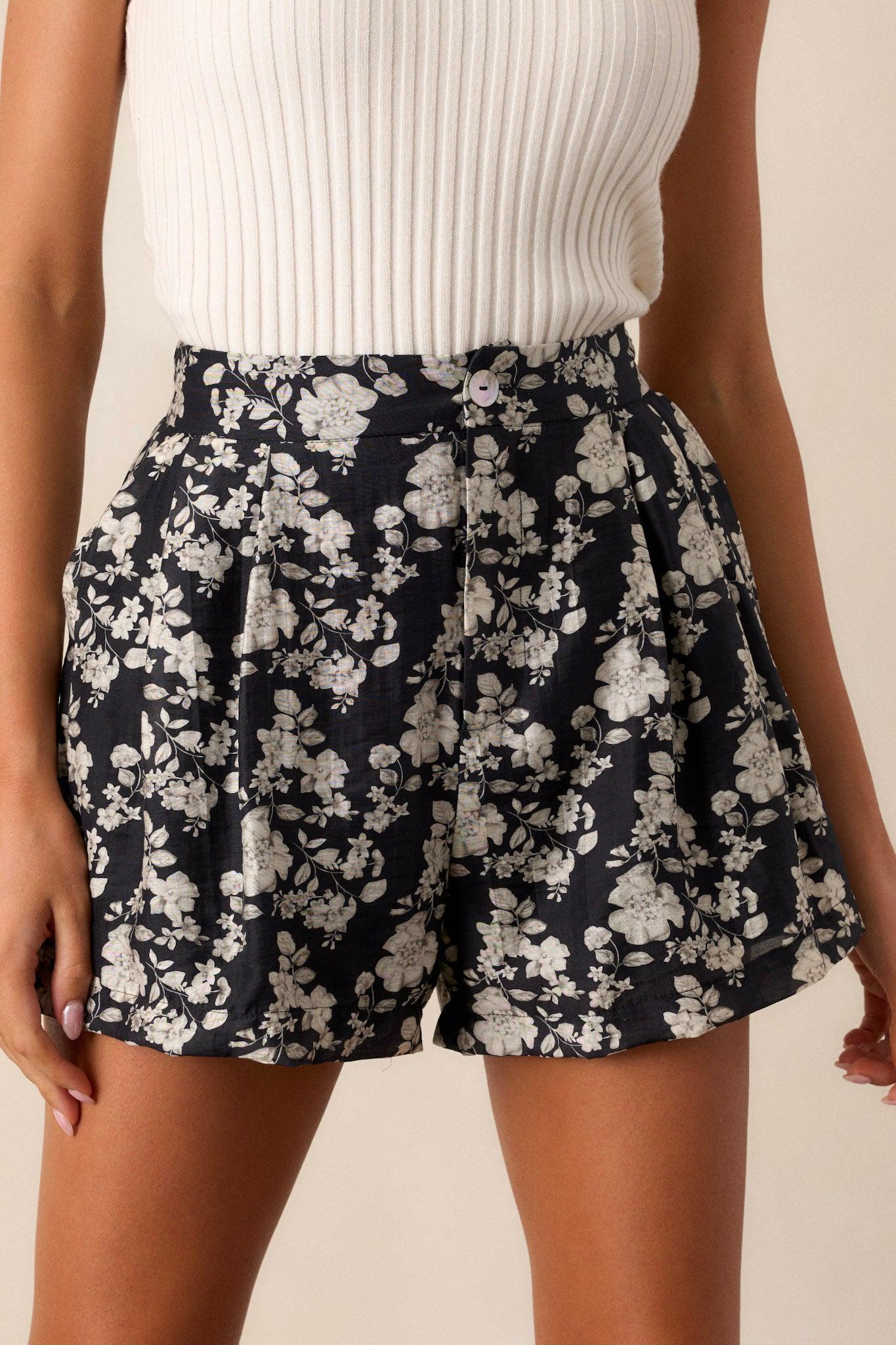 Get Jealous Black Floral Button Front Shorts Product Image