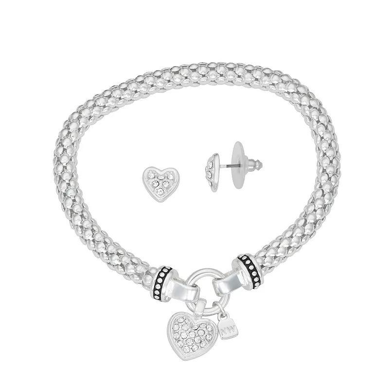 Nine West Silver Tone Crystal Pave Heart Bracelet & Stud Earring Set, Womens, Clear Product Image