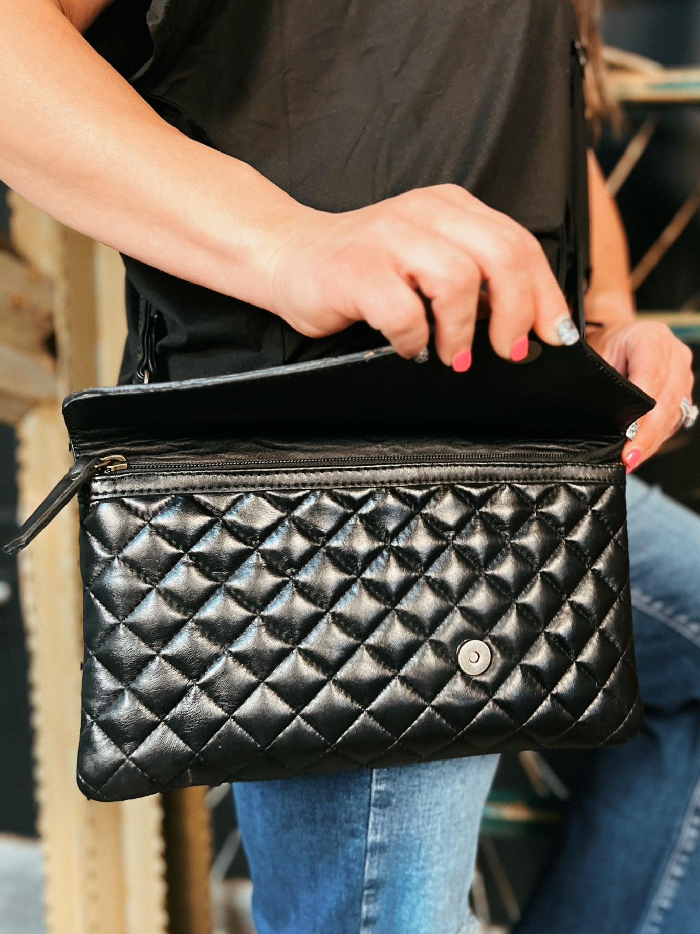 Darling Quilted Black Leather Crossbody Bag With Leather Flap Product Image