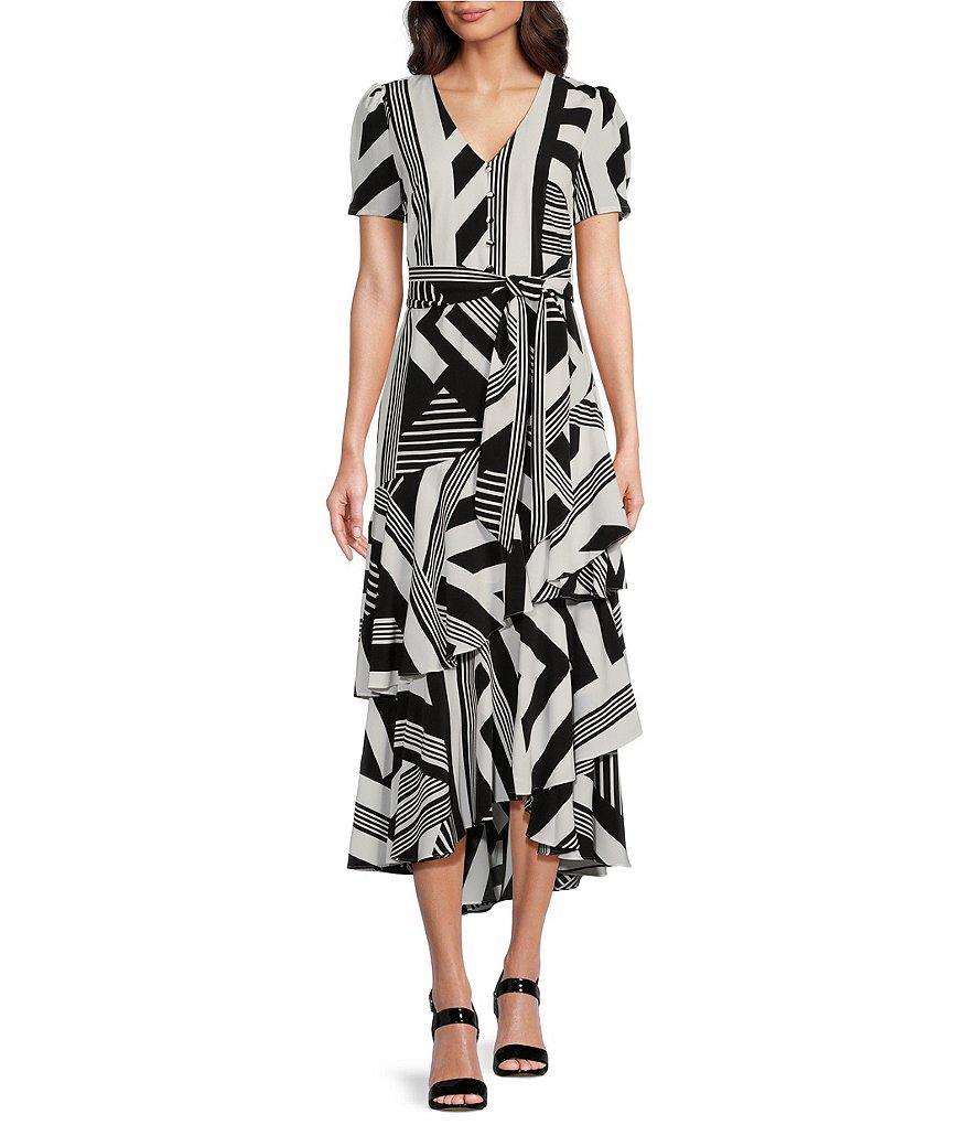 KARL LAGERFELD PARIS Printed Surplice V-Neck Short Sleeve Wrap Dress Product Image