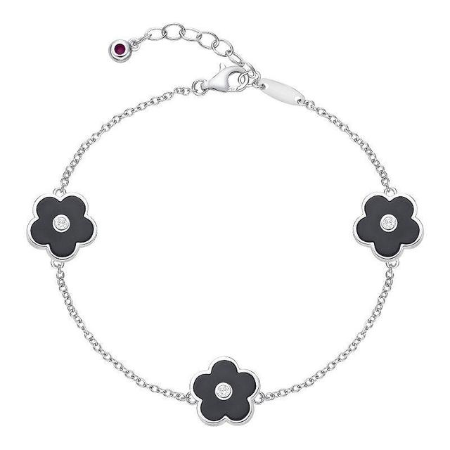 Gemminded Sterling Silver Black Onyx & Cubic Zirconia Flower Pendants Bracelet, Womens Product Image