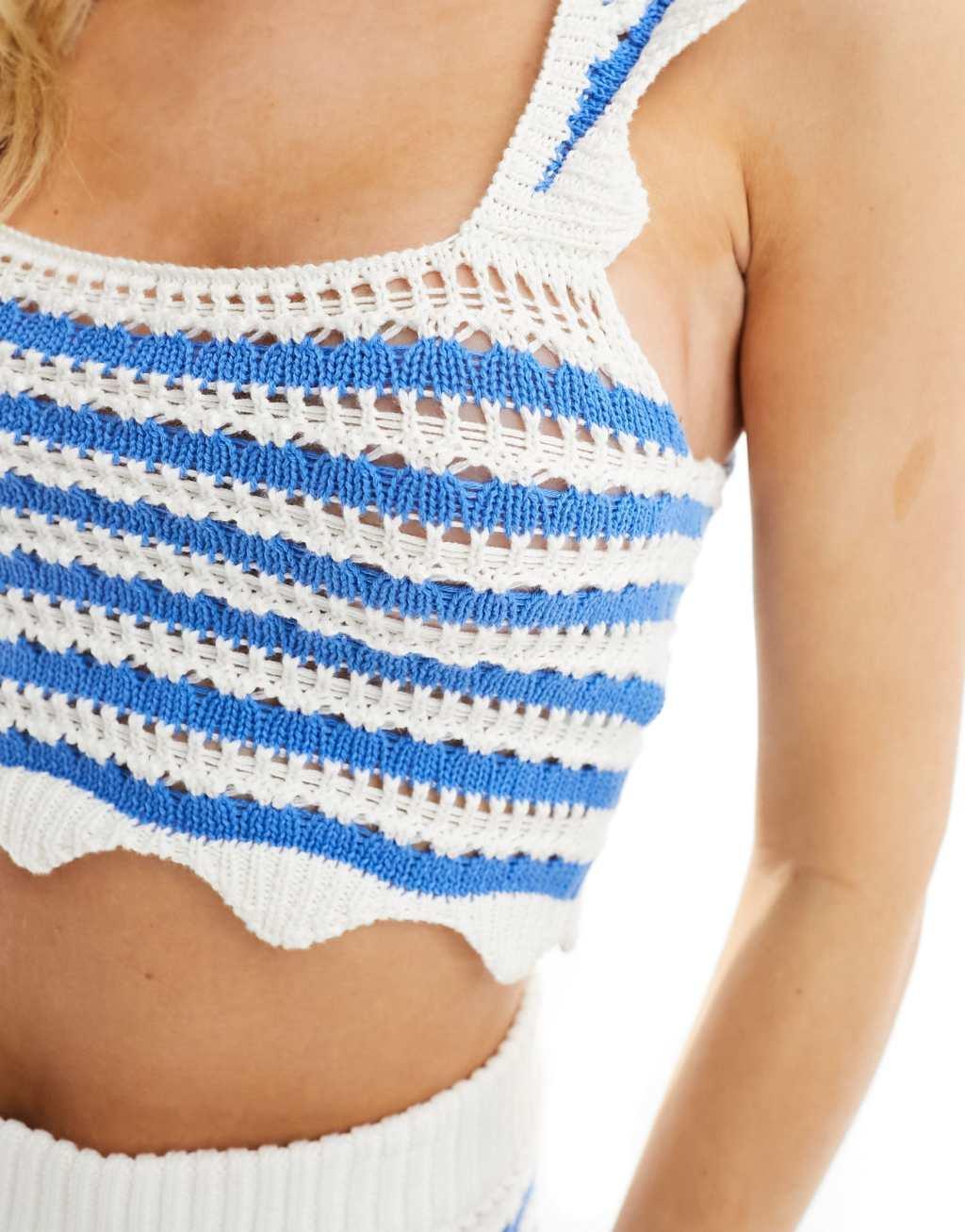 ASOS DESIGN Petite crochet crop top set with square neck in blue stripe Product Image