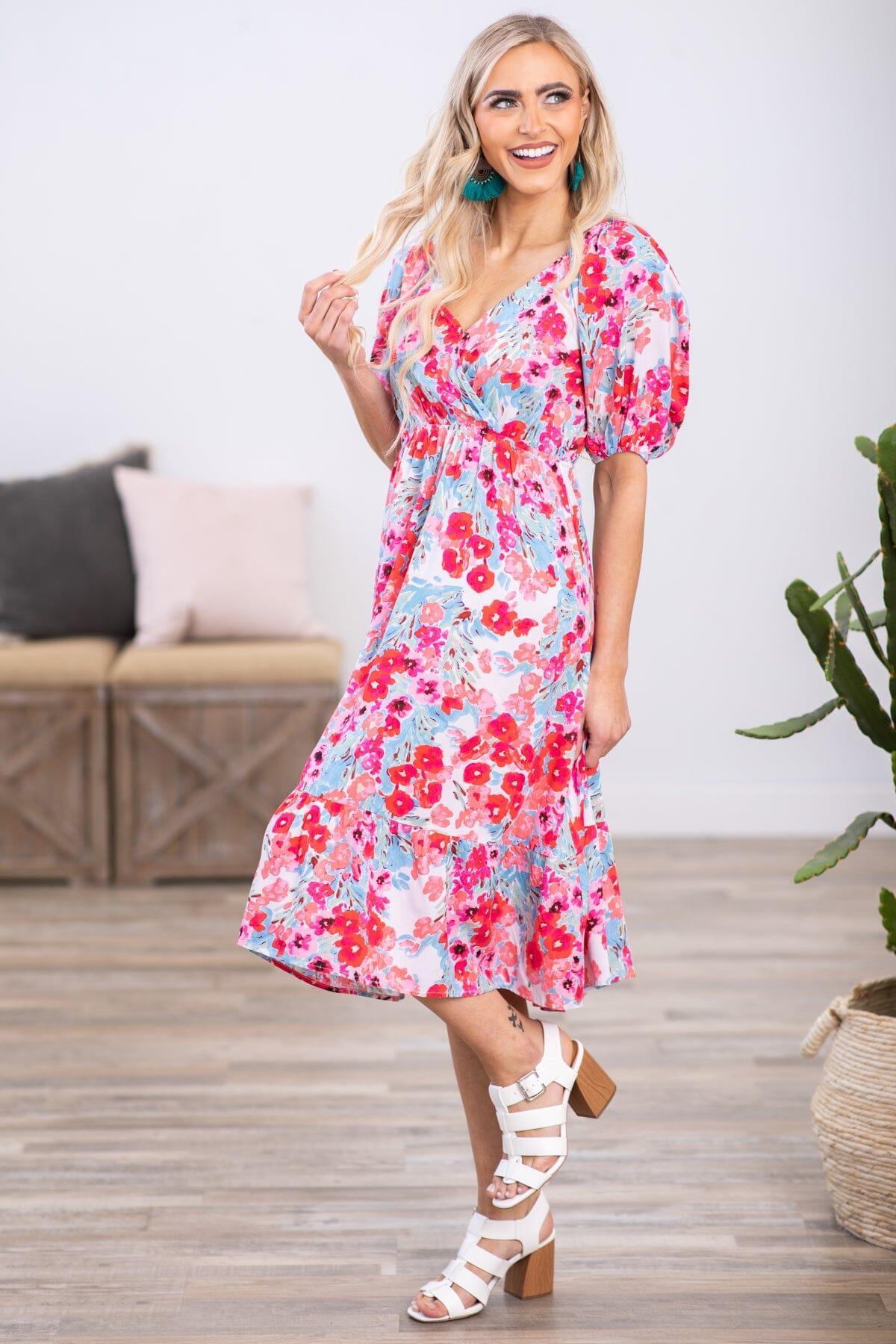 Sky Blue and Pink Puff Sleeve Floral Dress Product Image